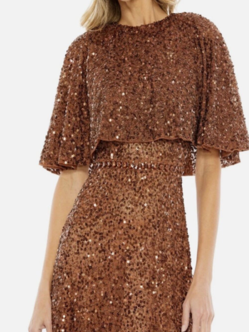Mac Duggal 5577 Embellished Cocktail Midi Dress Size 6 Copper Cape Sleeves NWT